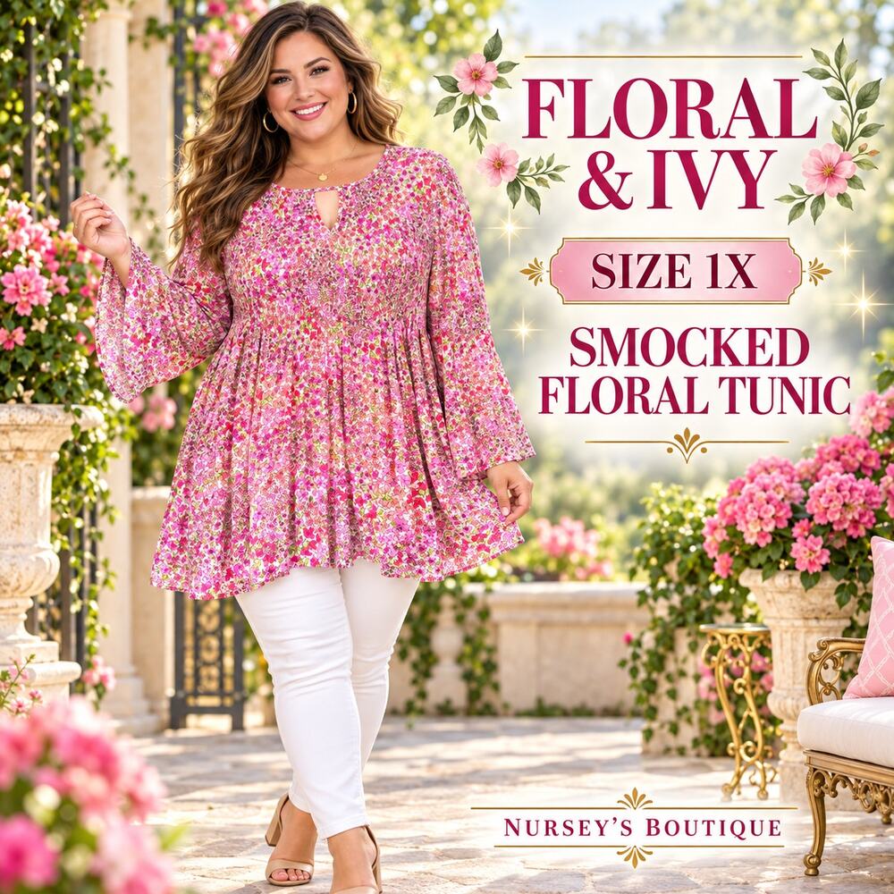 Floral & Ivy Pink Floral Smocked Babydoll Tunic Blouse Bell Sleeve 1X